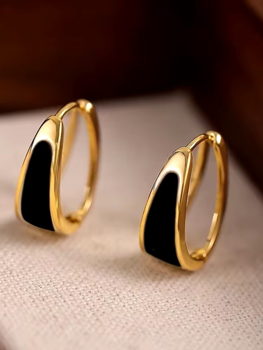 Gold Hoop Earrings with Black Inlay - Minimalist Women's Jewelry